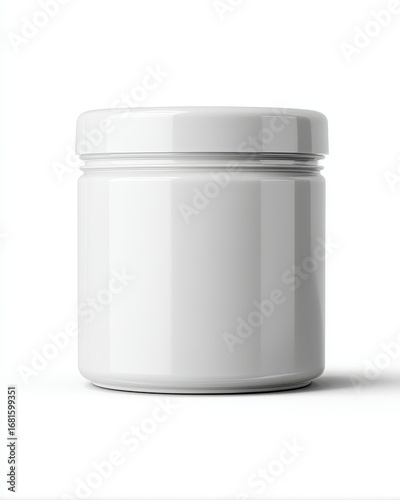 White Plastic Jar with Lid on White Background, Studio Shot, Product Mockup