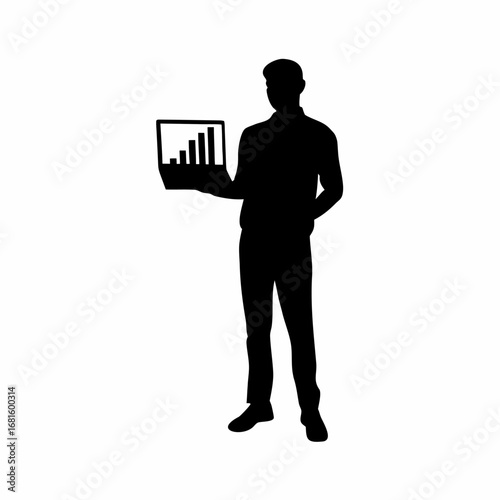 Silhouette of shop owner viewing ai growth graph on laptop