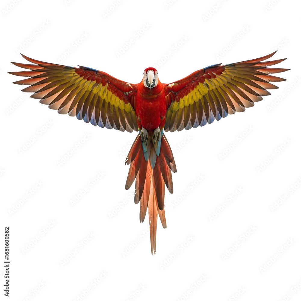 Obraz premium Vibrant scarlet macaw in dynamic flight, wings fully spread, isolated on white & transparent background. Ideal for tropical branding, wildlife conservation, educational content, zoo promotions,