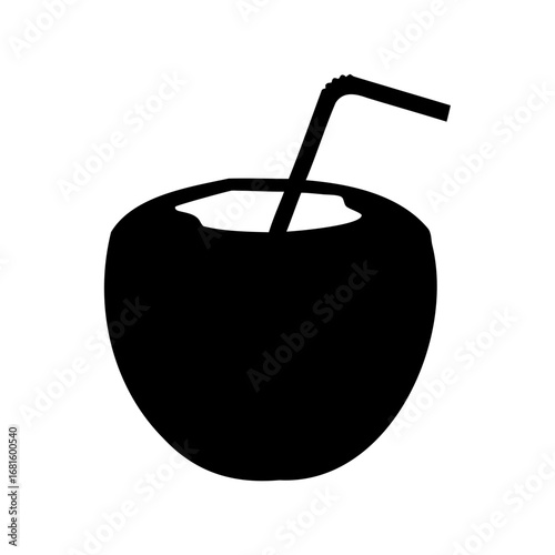 Silhouette of refreshing coconut drink with straw on a white background