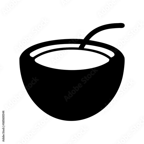 Silhouette of a coconut shell filled with coconut water and spoon