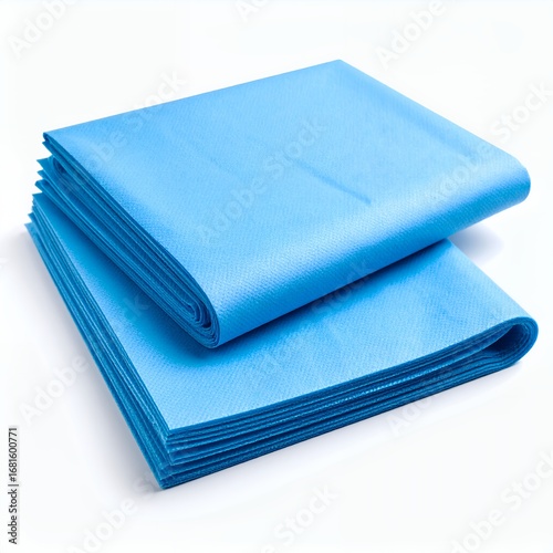 Neatly stacked light blue nonwoven fabric sheets provide ample coverage on white background
