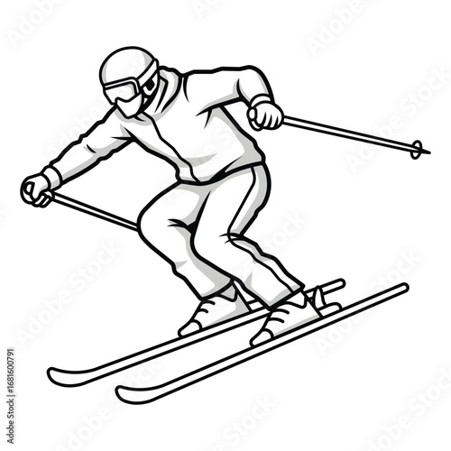 Skier with poles, a black and white line art vector of an athlete in action