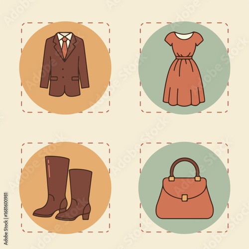 Clothing vector suit, dress, boots, purse