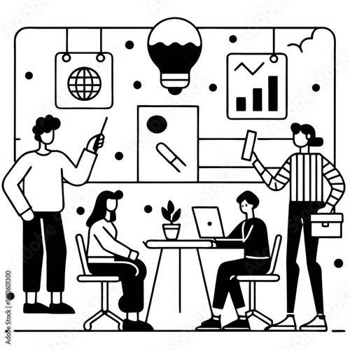 A modern vector-style line art of a startup business concept, featuring young diverse entrepreneurs brainstorming ideas in a creative office space, whiteboard full of graphs and post-it notes, laptops