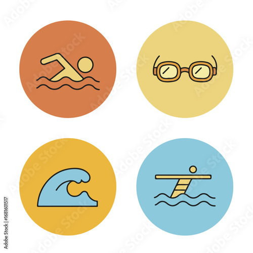 Swimming icons swimmer, wave, goggles, springboard, colorful circles