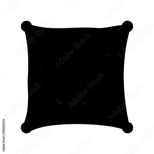 Solid black pillow with rounded decorative corners placed on a white backdrop