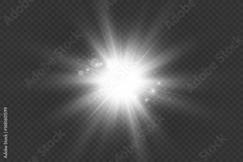 White beautiful light explodes with a transparent explosion. Vector, bright illustration for perfect effect with sparkles. Bright Star. Transparent shine of the gloss gradient, bright flash.	
