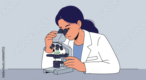 Lab study Scientist examines plant sample with microscope