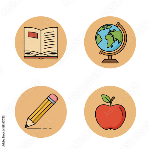 Icons of school book, globe, pencil, apple