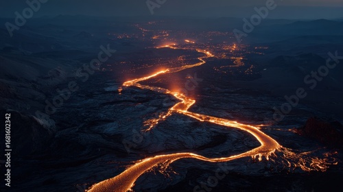 Winding road at night, volcanic landscape