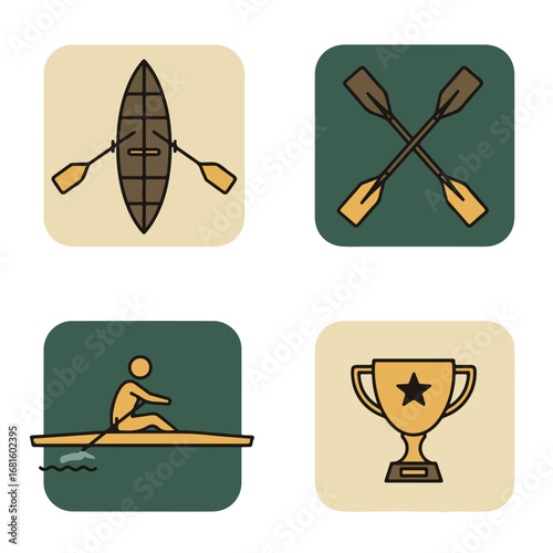 Rowing icons boat, oars, rower, trophy