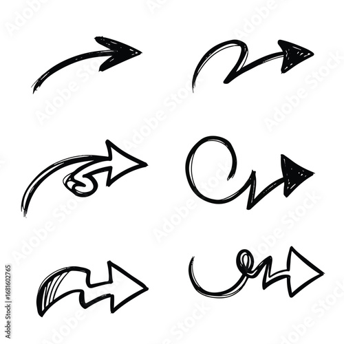A collection of six unique rough hand-drawn vector arrows, depicted in a flat 2D style, appear isolated and ready for use on a crisp white background.
