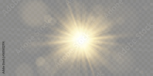 Glowing sunburst light effect. Soft golden flare with radial blur. Bright sunlight halo on white background.	
