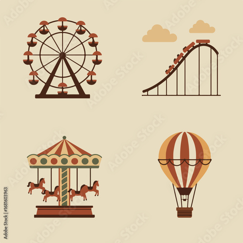 Fun fair with rides wheel, coaster, carousel, balloon on a beige canvas