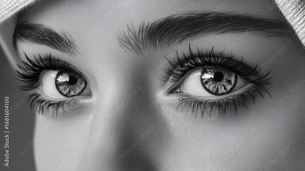 Obraz premium Closeup Portrait of a Woman's Eyes with Dramatic Makeup in Black and White Photography