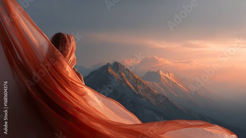 Majestic mountain range at sunrise with draped fabric