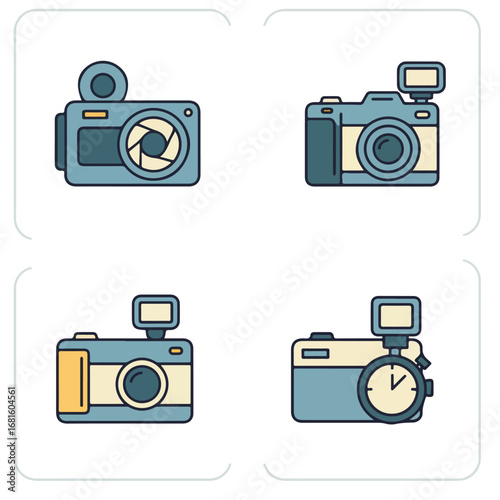 Camera Set Various vintage cameras with flash, one with stopwatch