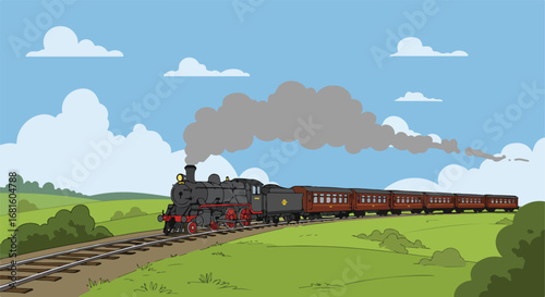 Train passing green fields, under blue sky and clouds with smoke rising