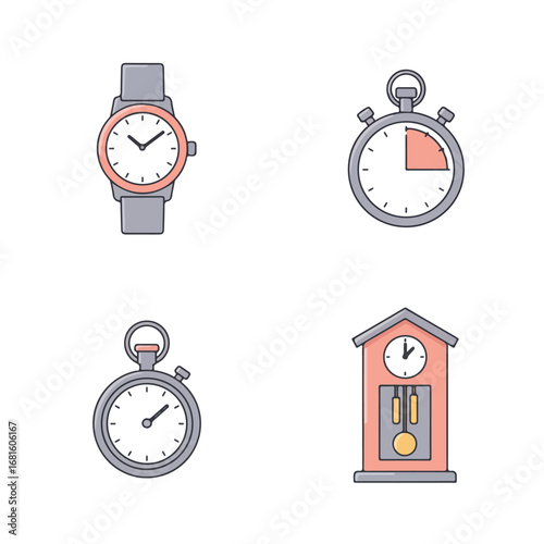 Timepiece Icons Watch, Timer, Stopwatch, Grandfather Clock