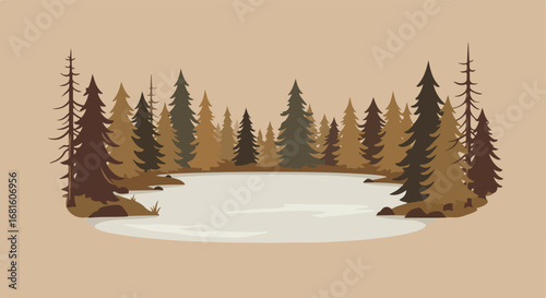 Brown serene lake view with tall, thin conifers on tan background