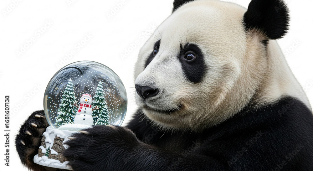 Naklejka premium Giant panda holding a snow globe with a winter scene and a snowman inside, on a white background, looking curiously at the object.