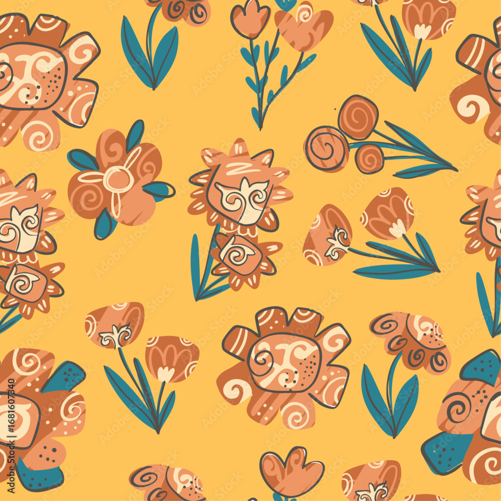Obraz premium Seamless Floral Pattern in Folk Style – Hand Drawn Flowers on Yellow Background