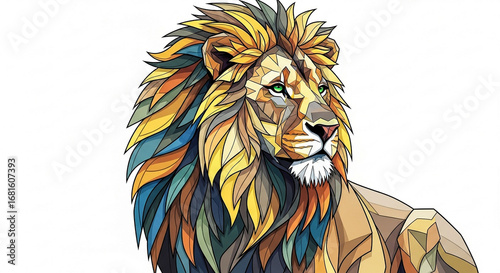 Majestic geometric lion with a vibrant, multi-colored mane and faceted body, depicted in an artistic, abstract style.