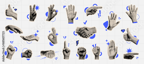 Halftone style collage with various hand gestures and geometric shapes. Trendy abstract design with pointing and ok sign hand.