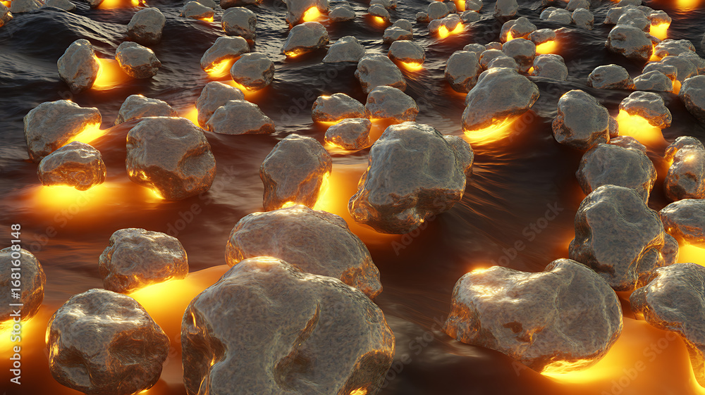 Fototapeta premium A burning candle's abstract flame reflects on wet black stones and a river