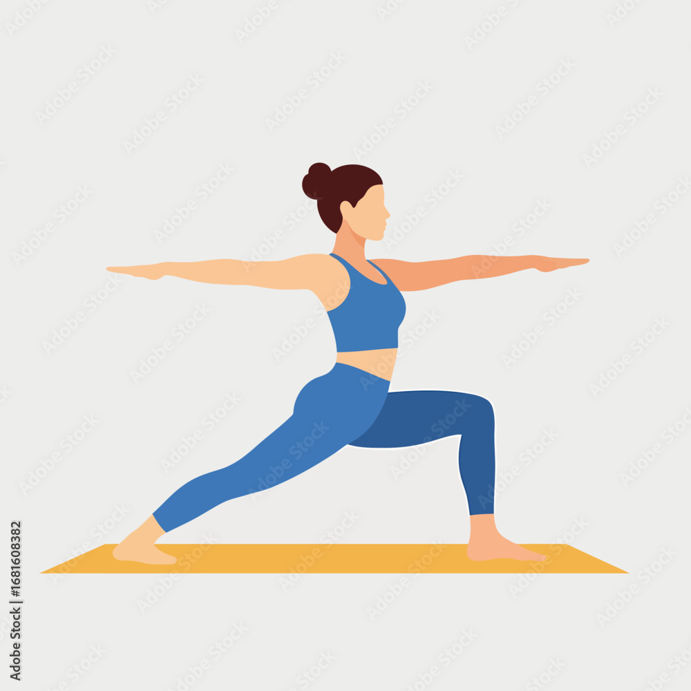 Fototapeta premium Strong Woman in Warrior II Yoga Pose (Virabhadrasana II) on a Mat.