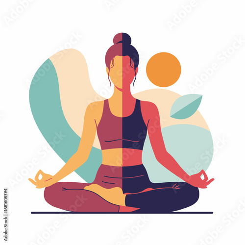Stylized Woman Meditating in Lotus Pose with Abstract Sun Background.