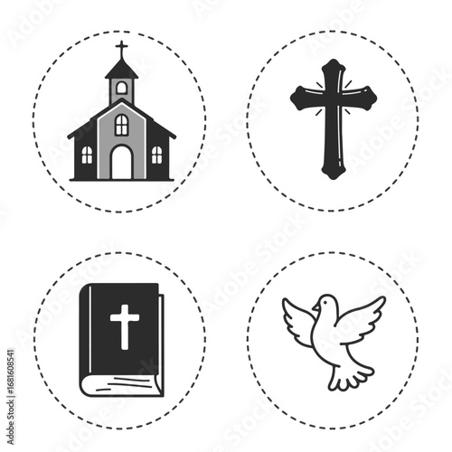Religious Symbols Church, cross, bible and dove icons in dotted circles