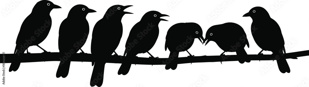 Fototapeta premium Black bird silhouettes on a wire perched birds graphic design