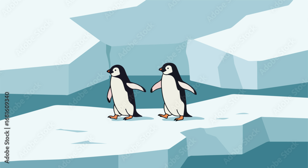 Obraz premium Two cartoon penguins walking on an ice floe, winter scene
