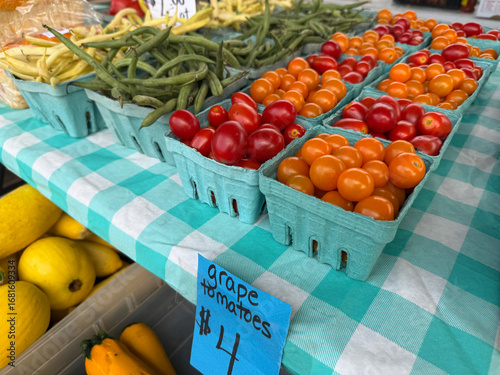 Colorful Produce Baskets Filled With Fresh Grape Tomatoes at Holland Michigan Farmers Market