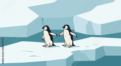 Two cartoon penguins walking on an ice floe, winter scene