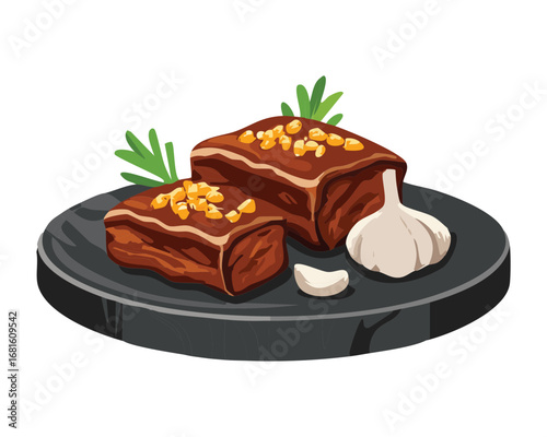 A delicious serving of baked chocolate brownies with nuts on a black plate - Vector Illustration

