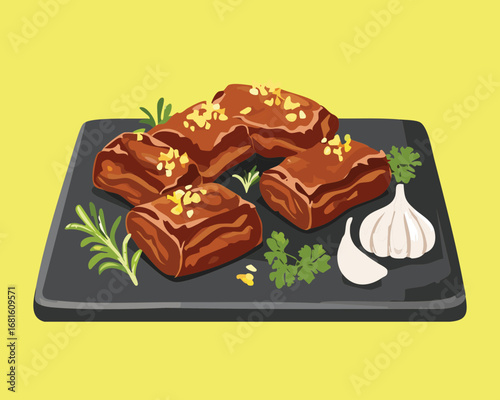 A delectable plate of three rich chocolate brownies with nuts and garlic - Vector Illustration

