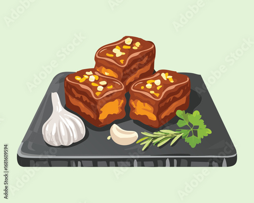 A delightful serving of fresh baked brownies with whole peanuts and garlic - Vector Illustration

