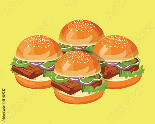A collection of classic hamburgers on buns with fresh vegetables and meat - Vector Illustration


