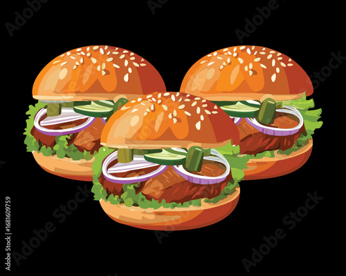 A tempting set of three juicy gourmet cheeseburgers with cheese and vegetables - Vector Illustration

