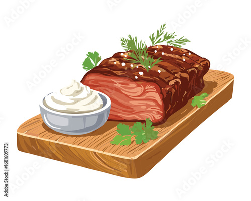 A close-up shot of a juicy marinated steak on a wooden cutting board - Vector Illustration

