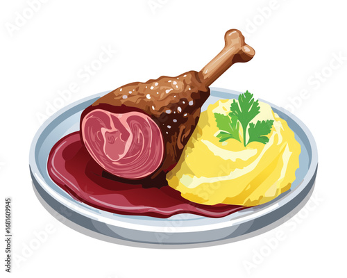 A plate with roasted duck leg served with a side of creamy mashed potatoes - Vector Illustration

