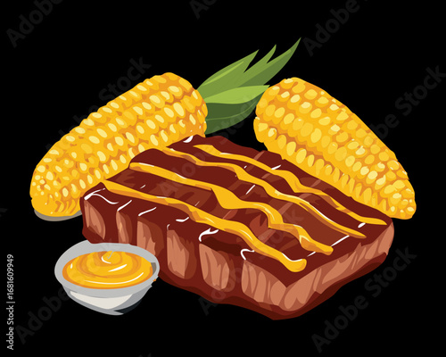 Grilled corn on the cob and a generous portion of barbecue beef ribs on a plate - Vector Illustration

