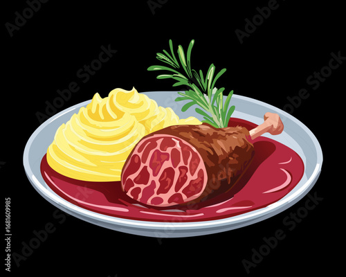 A single serving of a rich, hearty stew with a piece of meat and mashed potatoes - Vector Illustration

