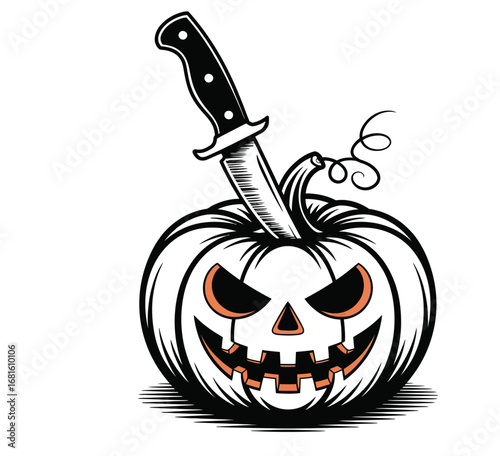 Pumpkin with hunting knife stuck in it vector isolated black and white