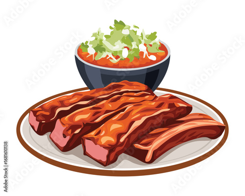 A rack of barbecued pork ribs with fresh lettuce and a side of sauce - Vector Illustration

