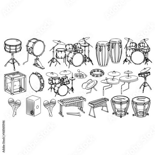 Outline musical instruments percussion drums snare drum conga xylophone timpani maracas cajon tambourine set
