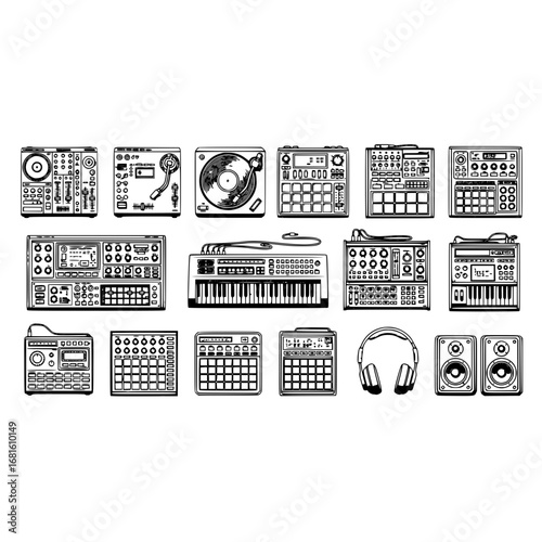 Synthesizer turntable sampler drum machine keyboard headphones speakers music production studio equipment set